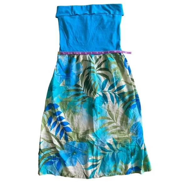 Puanani Vintage Hawaiian Strapless Teal Hibiscus Leaves Vacation Dress Size XS - Picture 6 of 7